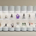 Neatly Arranged Transparent Display Jars With White Bases And Lids Holding Figure Sculptures