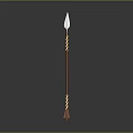 Ancient Decorative Spear With Red Shaft Golden Ornaments And Silver Spearhead