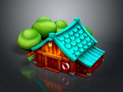 Charming Small Building With Blue Tiled Roof Wooden Walls Green Trees And Lifesaver Decoration 3d model