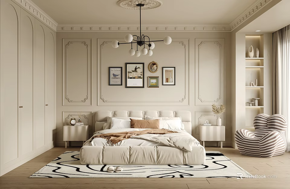 Elegant Beige Bedroom Interior With Chandelier Wall Art Rug Bedside Tables And Armchair 3d model 