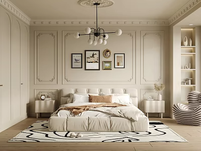 Elegant Beige Bedroom Interior With Chandelier Wall Art Rug Bedside Tables And Armchair 3d model