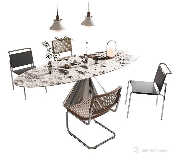 Modern Table and Chair Set Oval Marble Tabletop Metal Frame Woven Chairs with Hanging Lamps 3d model 