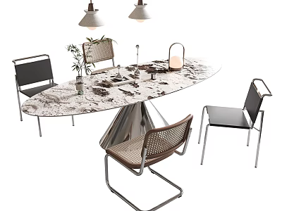 Modern Table and Chair Set Oval Marble Tabletop Metal Frame Woven Chairs with Hanging Lamps 3d model