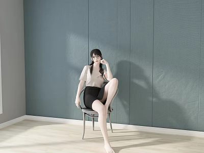 A Woman Sitting On Chair With Light Top Black Skirt Against Dark Green Wall 3d model