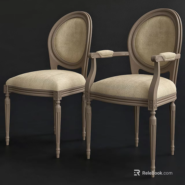 Classic Dining Chairs With Armrests Beige Fabric And Carved Wooden Frame 3d model 