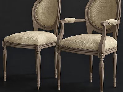 Classic Dining Chairs With Armrests Beige Fabric And Carved Wooden Frame 3d model