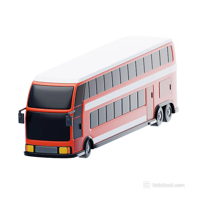 Red and White Double Decker Functional Bus With Large Windows Black Front and Yellow Headlights 3d model