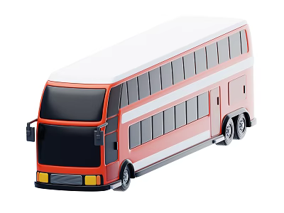Red and White Double Decker Functional Bus With Large Windows Black Front and Yellow Headlights 3d model