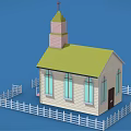 Cartoon Church Scene with Green Roof Pink Steeple Cross White Picket Fence on Blue Background