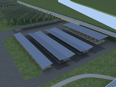 Solar Panel Covered Parking Lot With Green Grass And Pathway 3d model