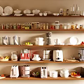 Organized Kitchenware Display On Shelves With Dishes Bowls Appliances And Fresh Fruits
