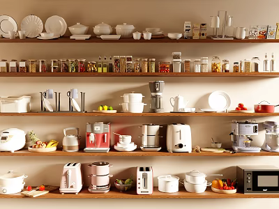 Organized Kitchenware Display On Shelves With Dishes Bowls Appliances And Fresh Fruits 3d model