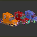Three Colorful Trucks in Orange Red Blue Lined Up with Shiny Reflections