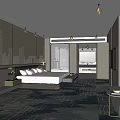 Modern Hotel Room Interior With Comfortable Bed Modern Wall Design Geometric Carpet And Cozy Sofa