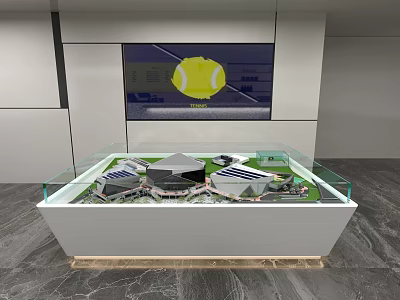 Sand Table Model In Glass Covered Display Case With Building Structures And Yellow Logo Screen 3d model