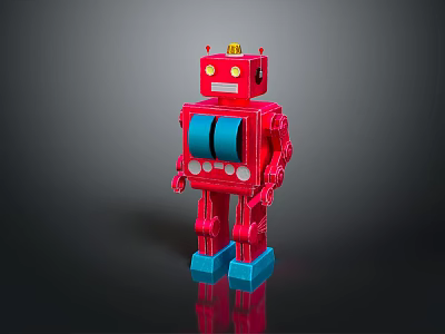 Red Vintage Robot Toy Standing On Black Reflective Surface With Blue Base And Chest Buttons 3d model