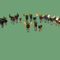 Group of Moose with Various Sizes Different Colors and Yellow Dark Antlers on Green Background