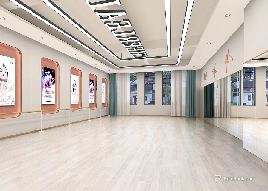 Spacious Modern Ballroom Interior With Wooden Floor Posters On Walls And Ceiling Lighting 3d model 