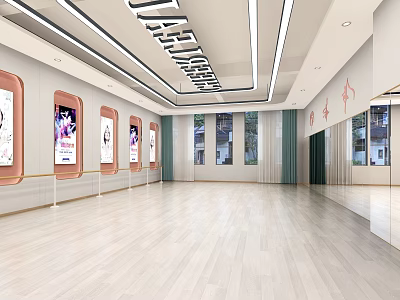Spacious Modern Ballroom Interior With Wooden Floor Posters On Walls And Ceiling Lighting 3d model