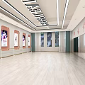 Spacious Modern Ballroom Interior With Wooden Floor Posters On Walls And Ceiling Lighting