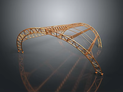 Golden Metal Curved Truss Structure With Triangular Frames On Black Background And Reflection 3d model