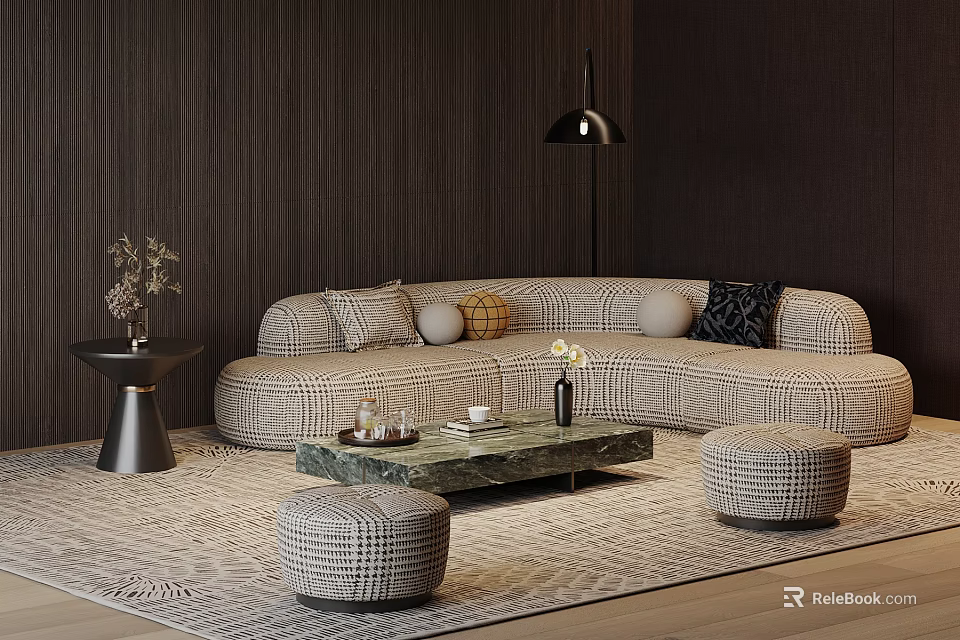 Beige Sofa And Marble Top Coffee Table Set With Throw Pillows Ottomans And Floor Lamp 3d model 