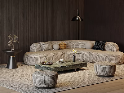 Beige Sofa And Marble Top Coffee Table Set With Throw Pillows Ottomans And Floor Lamp 3d model