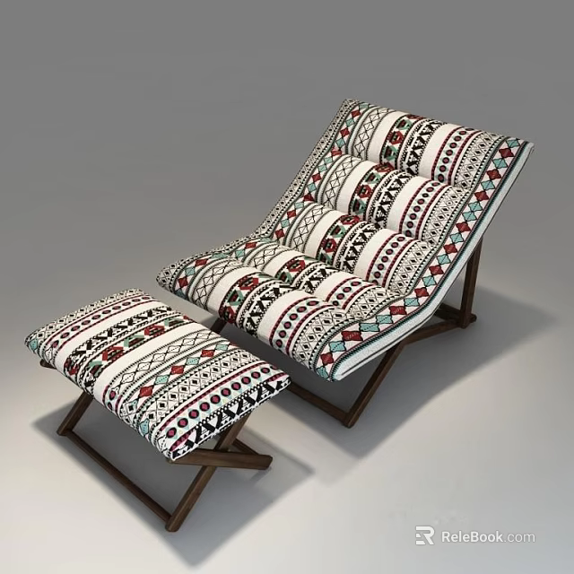 Colorful Geometric Pattern Upholstered Lounge Chair With Wooden Frame And Ottoman 3d model 