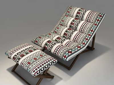 Colorful Geometric Pattern Upholstered Lounge Chair With Wooden Frame And Ottoman 3d model