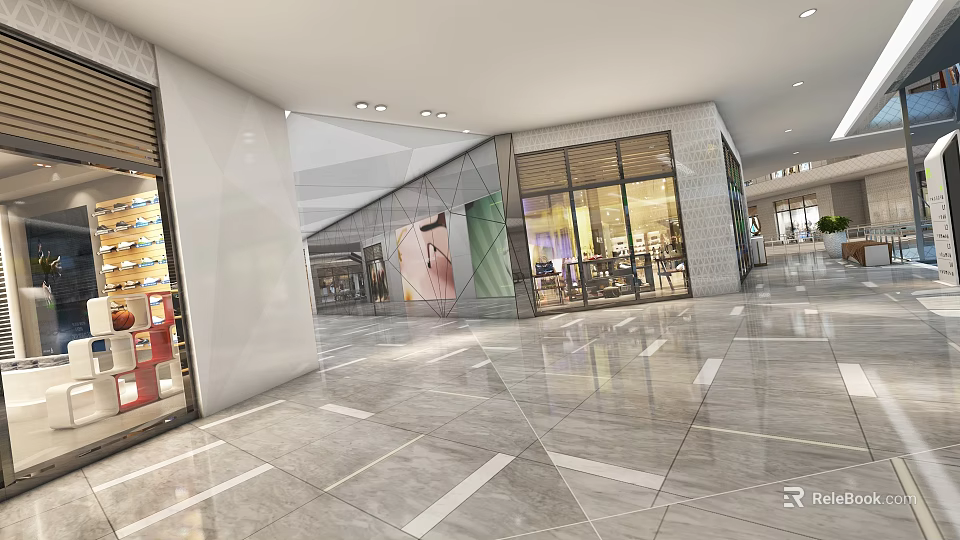 Modern Commercial Street Featuring Glass Storefronts Bright Lighting Spacious Open Area And Marble Flooring 3d model 