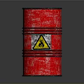 Rusty Red Oil Barrel With Black Metal Hoops And Yellow Warning Sign And Flame Symbol
