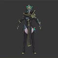 Fantasy Female Character In Ornate Armor With Green Headdress Golden Accents And Blue Details 3d model