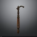 Antique Carved Wooden Tool With Red Brown Finish And Intricate Design