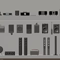 Modern Headphones and Speakers Collection Displayed on Shelves with Various Designs