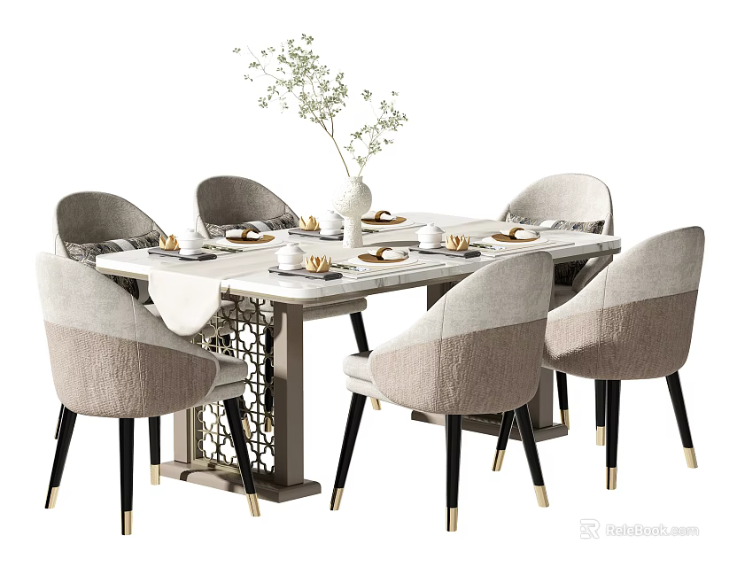 Modern Dining Table Set With Light Gray Chairs Black Legs Gold Accents White Tableware Greenery 3d model 