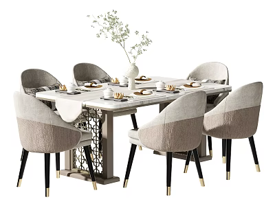Modern Dining Table Set With Light Gray Chairs Black Legs Gold Accents White Tableware Greenery 3d model