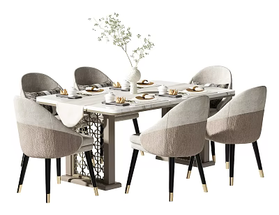Modern Dining Table Set With Light Gray Chairs Black Legs Gold Accents White Tableware Greenery 3d model