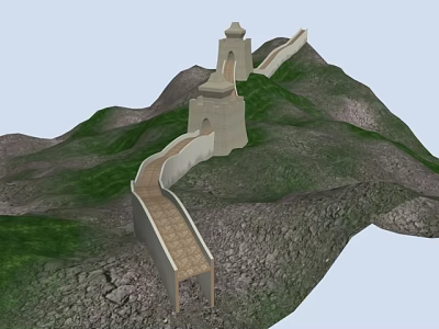 Cartoon Scene of Great Wall with Tower and Winding Path on Green Mountains 3d model
