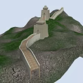 Cartoon Scene of Great Wall with Tower and Winding Path on Green Mountains