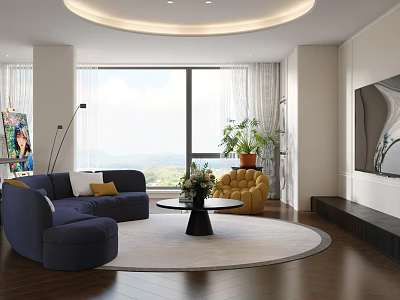 Modern Living Dining Room With Blue Sofa Yellow Chair Round Rug And Large Windows 3d model