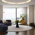 Modern Living Dining Room With Blue Sofa Yellow Chair Round Rug And Large Windows