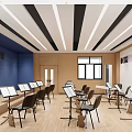 Music Classroom Interior Design With Blue Walls Wooden Floors Music Stands And Decorative Paintings