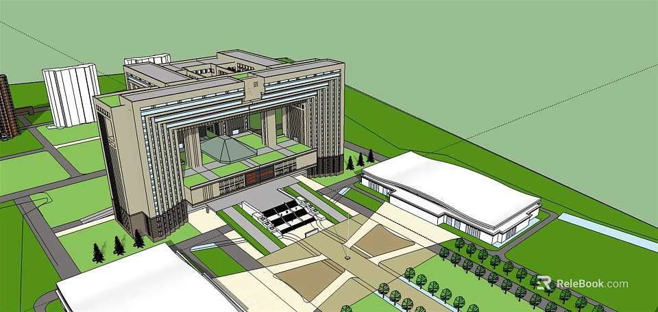Classical Office Building Architecture With Grand Entrance And Landscaped Plaza Area 3d model 