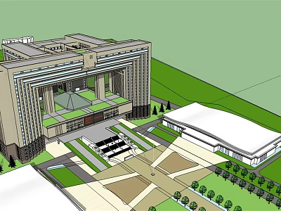 Classical Office Building Architecture With Grand Entrance And Landscaped Plaza Area 3d model