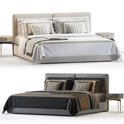 Modern Double Bed Design With Geometric Pillows Bedside Tables And Linen Bedding 3d model