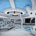 Futuristic Sleek Control Room With Blue Illuminated Panels And Workstations