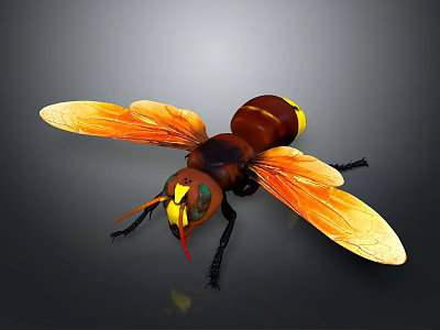 Giant Bee With Orange Wings Brown Body Yellow Stripes And Yellow Green Eyes 3d model