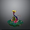 Colorful Frog On Green Island With Red Plant Small Mushrooms And Glowing Elements