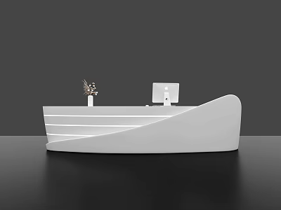 Modern White Reception Desk With Curved Lines And Computer Monitor Design 3d model