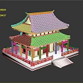 Traditional Architecture Model Two Story Structure With Green Tiled Roof Red Pillars And Yellow Accents